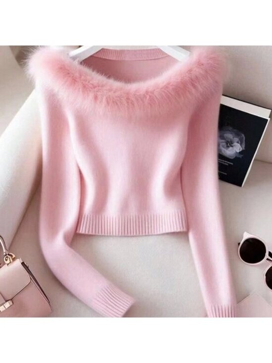Tops - Pink Casual Women's Elegant Patchwork Fur Collar Sweater Cloth